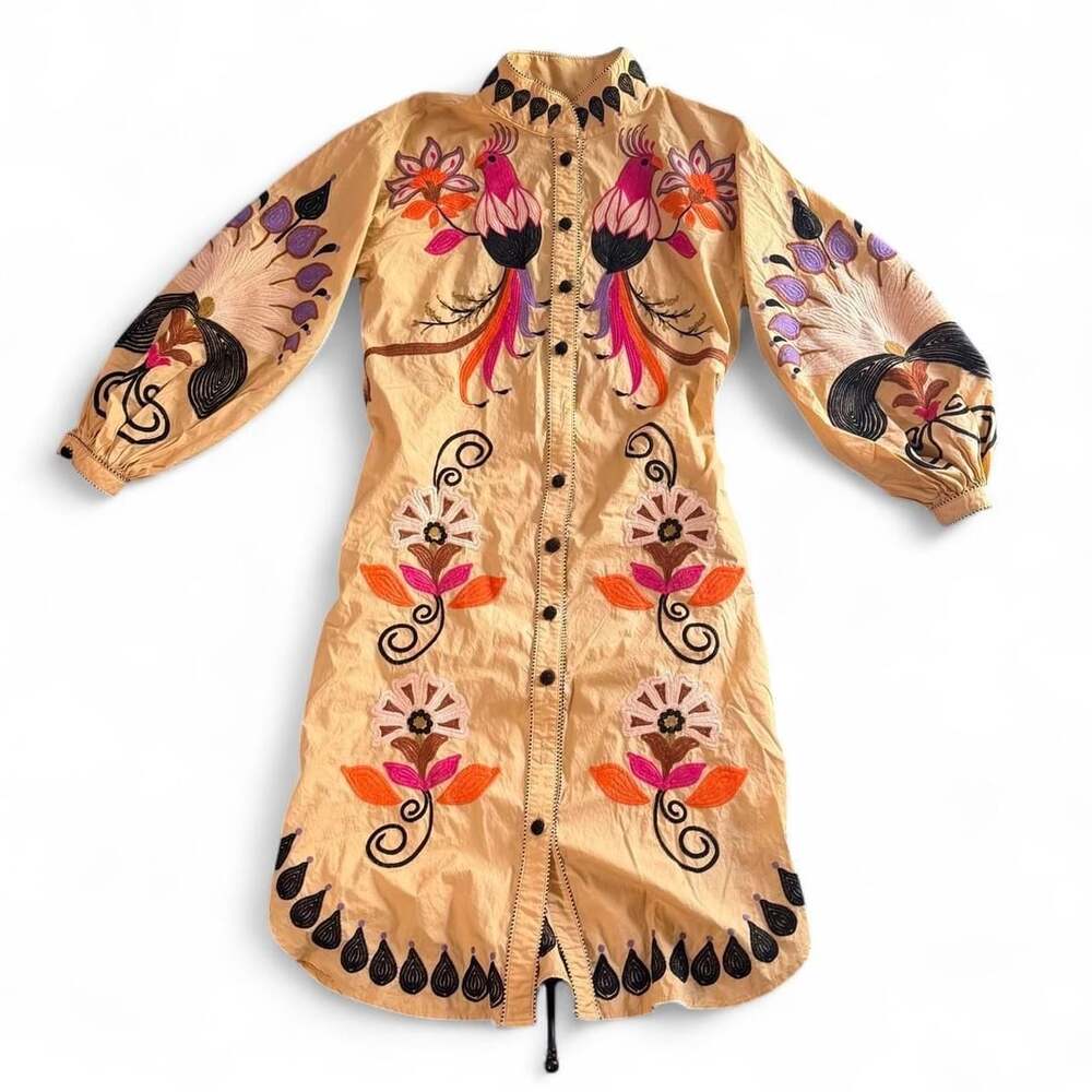 FARM Rio Embroidered Bird Shirt Dress Size S Peach Boho Floral